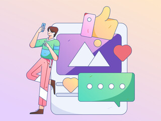 Virtual characters social communication concept business flat vector hand drawn illustration
