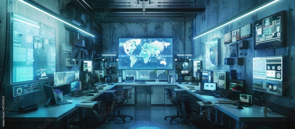 Poster a hightech cyber security command center features multiple monitors and a display of the world map a