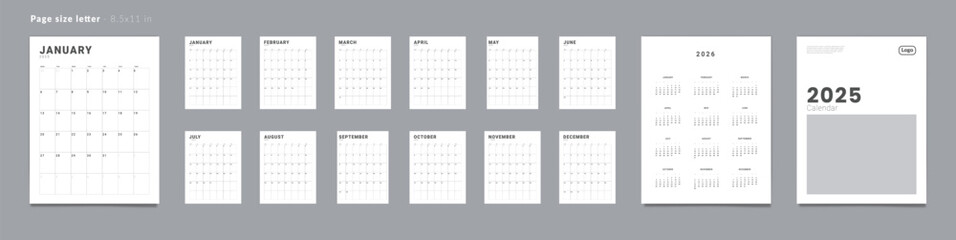 Set of 2025 Pages Monthly Calendar Planner Templates, Annual 2026, Cover with Place for Photo,Company Logo. Vector vertical grid calendar for print. Week start on Monday. Pages size Letter-8.5x11 in