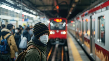 In a busy subway station, a masked individual stands amidst a sea of moving passengers. The person is positioned near a platform edge, with trains arriving and departing in the background. The urban