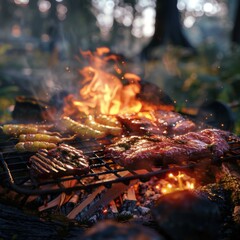 High-resolution close-up of cooking over a secure campfire, savory ingredients sizzling on a grill, fire safety practices evident, CG 3D realism, mouth-watering and educational