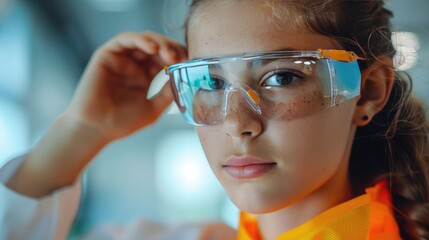 Close up of a young scientist wearing safety goggles and lab coat in a laboratory, demonstrating focus and determination.