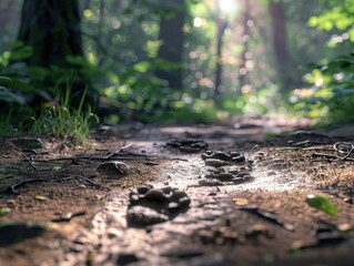 Low-angle view of a forest floor, detailed animal tracks in soft mud, photorealistic style, dappled sunlight filtering through trees, focus on intricate textures and details