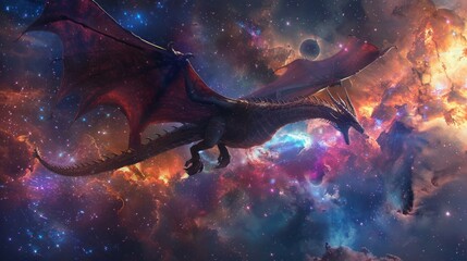 A majestic, winged dragon soaring through the cosmos, captured from the rear by a high-flying drone, vibrant galaxies and stars illuminate the scene, photorealistic digital art