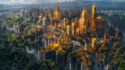 Fototapeta premium Aerial view of a fantasy cityscape with golden skyscrapers made of coins