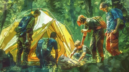 Obraz premium Worms-eye view of campers setting up a tent, teamwork and enthusiasm reflected in their expressions, vibrant green forest background, watercolor style, dynamic and engaging scene