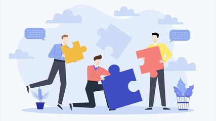 business team bring puzzle problem solving illustration animated video
