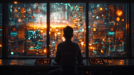 Man Analyzing Futuristic Data Visualization in a High-Tech Control Room - Generative AI