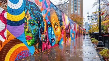 A colorful mural of people on a wall. The mural is on a street with a sidewalk