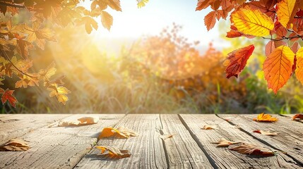 Obraz premium Autumn Leaves on a Wooden Deck