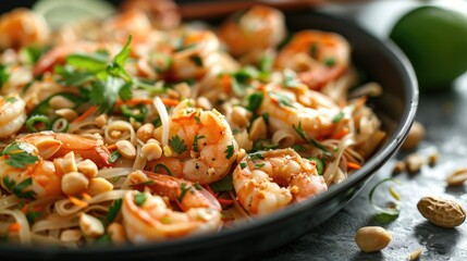 A black bowl of shrimp and lime salad sits on a wooden table. The bowl is filled with shrimp, lime, and peanuts, and it looks delicious. The table is covered with various bowls and spoons