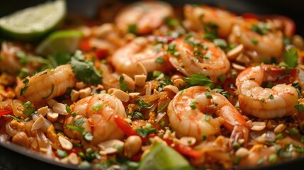 A plate of shrimp and lime is served in a skillet. The shrimp is cooked and seasoned, and the lime is sliced and placed on top. The dish looks delicious and appetizing