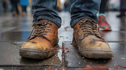 Pair of dirty work boots are on a wet sidewalk. The boots are yellow
