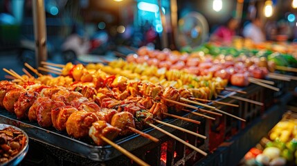 A variety of skewers of food are on a grill, with some of them being cooked. The grill is surrounded by a crowd of people, some of whom are standing behind it. The atmosphere is lively and social