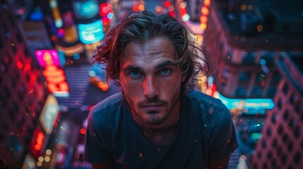 Obraz premium Portrait of a Man in a Vibrant Cityscape - Generative AI