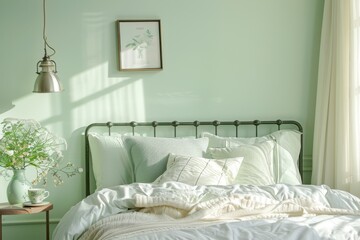 Cozy Green Bedroom with Sunlit Bed and Floral Accents