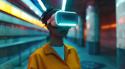 Ultra-sharp photograph of a person wearing VR goggles, alone in a virtual world, illustrating the isolation and immersion of modern society