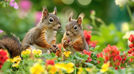 Naklejka premium Cute squirrel and beautiful flowers in the garden