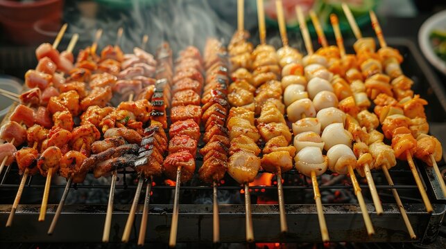 Variety of skewers are cooking on a grill, with some being cooked to a crisp and others still raw. The skewers are of different shapes and sizes, and some are covered in sauce