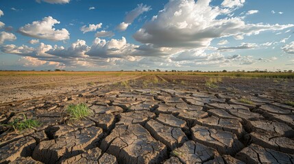 A dry, cracked, and barren landscape with a few trees in the distance. The sky is cloudy and the sun is shining through the clouds