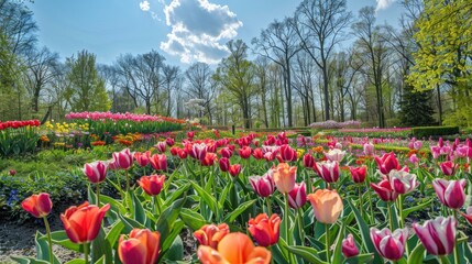 Close-up panoramic view of the beautiful blooming tulips in coniferous garden in spring