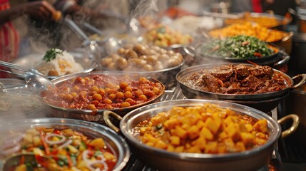 Obraz premium A large variety of food is on display, including a lot of soup. The food is served in many different bowls and pots, and there are several people around the food. The atmosphere is lively and inviting