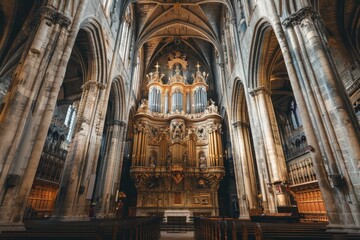 Obraz premium Interior of a Cathedral with a Large Pipe Organ