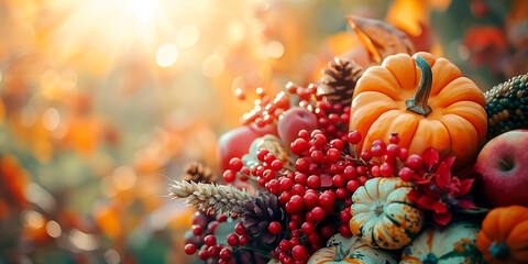  A colorful arrangement of fruits and vegetables, including apples, pumpkins, and berries, with a bright orange pumpkin in the center