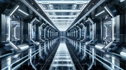 Fototapeta premium Futuristic Metal Corridor with Glowing Lights