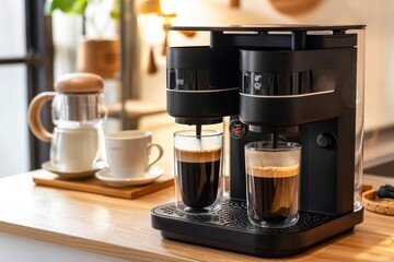 Two Cups of Espresso Prepared by a Modern Coffee Machine