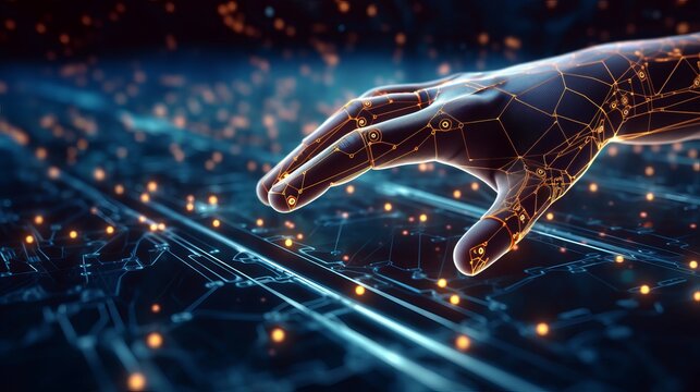 AI Machine learning Hand of robot touching on big data network a virtual screen with data , generated by AI. . High quality photo