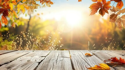 Naklejka na ściany i meble Wooden Plank Tabletop with Autumn Leaves