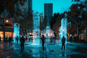 Cityscape at Night with Glowing Geometric Structures