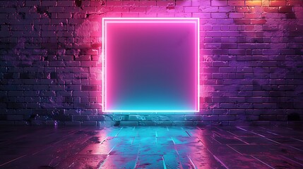 Large pink square neon turquoise frame glows on a brick wall. Empty space in the center of the image high resolution Background for advertising banner design sharp focus and clear light , high