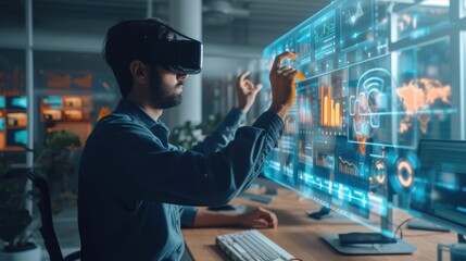 Skilled scientist using innovation technology to searching and analyzing data. Smart business man with VR glasses looking and planning marketing while checking stock market chart holographic. AIG42.