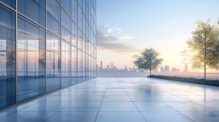 Fototapeta premium A panoramic view of an office building's exterior, showcasing glass windows and modern architecture against the city skyline. The background is clear with white space for text or branding elements. A