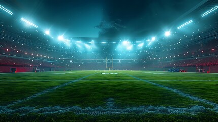 Staying up late to watch the game, the stadium lights shining brightly on the green grass, a high angle perspective of an empty football field at night, a wide-angle lens capturing the crowds and