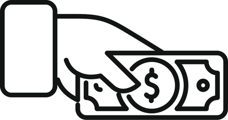 Line icon of a hand holding a banknote, depicting a financial transaction