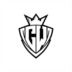 CW Letter logo with sharp triangle shield shape with crown inside white outline on white background template design
