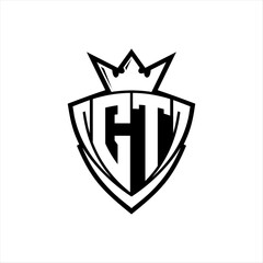 CT Letter logo with sharp triangle shield shape with crown inside white outline on white background template design