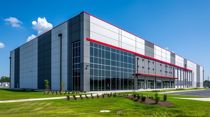 Obraz premium A gray and white warehouse with red accents, surrounded by green grass under the blue sky. The building has large windows on one side to let natural light in. There is an open area in front of it
