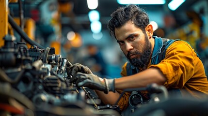Focused Mechanic Working in a Busy Workshop - Generative AI