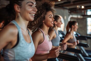 Group of Women Exercising on Treadmills at the Gym