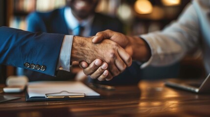 Businessmen Shaking Hands Over Agreement in Modern Office