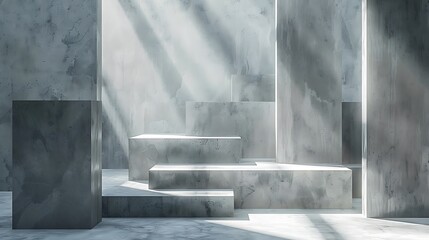 Abstract background with geometric shapes and cubes in gray color, creating an atmosphere of minimalism. The composition is illuminated by soft light rays that create the effect of three-dimensional