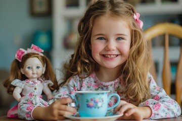 Little Girl Enjoying a Tea Party with Her Doll