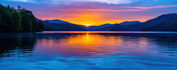 A beautiful sunset over a lake with mountains in the background