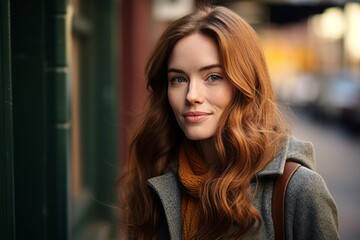 Obraz premium Portrait of a beautiful young redhead woman in the street.