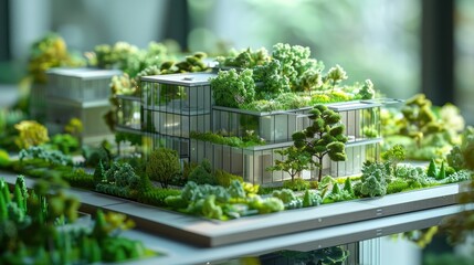 Model of a city with a green roof and lots of trees. The buildings are made of glass and the city is designed to be eco-friendly