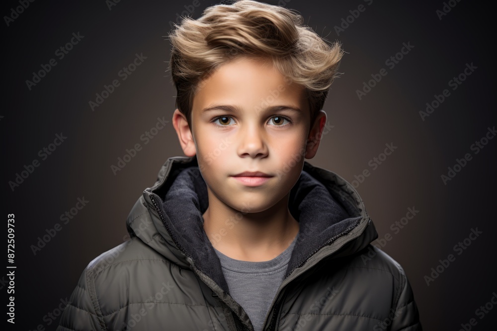 Wall mural Portrait of a boy in a black down jacket. Studio shot.